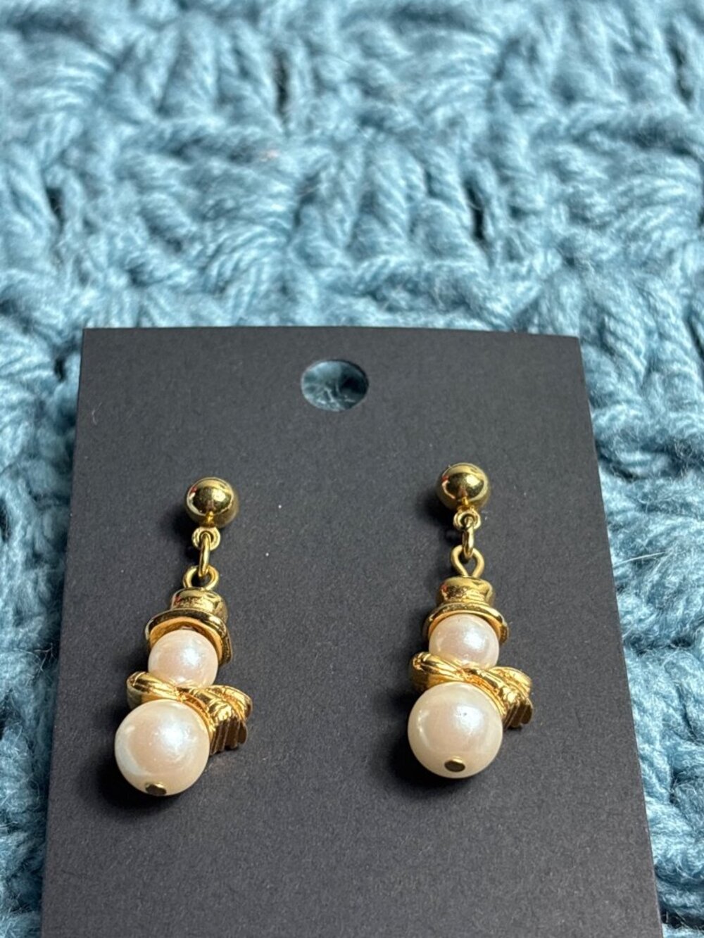 Goldtone Faux Pearl Snowman Dangle Earrings 1.25 inches